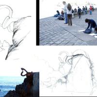 Alumnos dibujando en el Peine del viento. San Sebastián